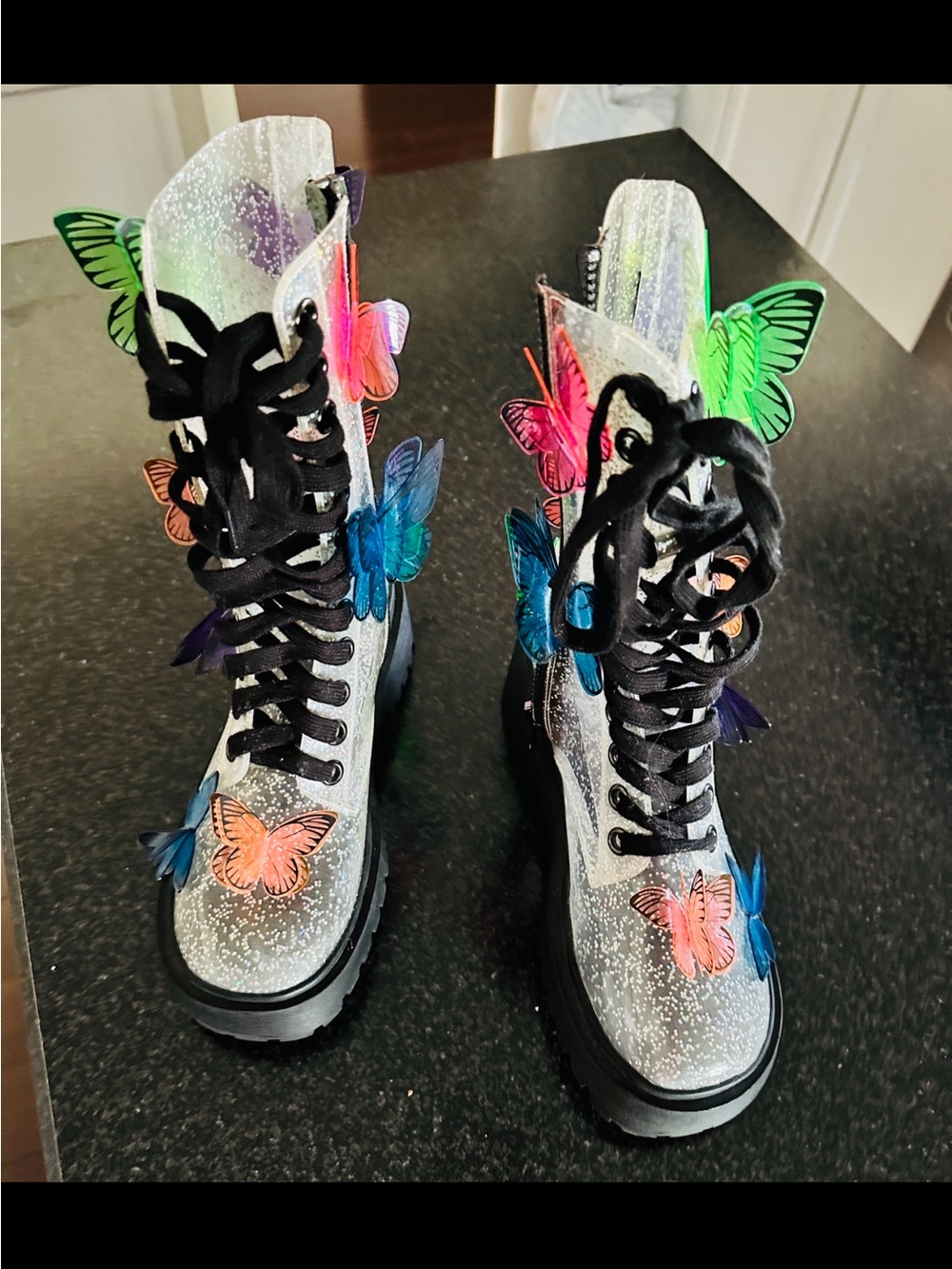 Club Exx Dolls Kill 3D Glitter Butterfly Combat Boots Size 7 - Picture 1 of 12